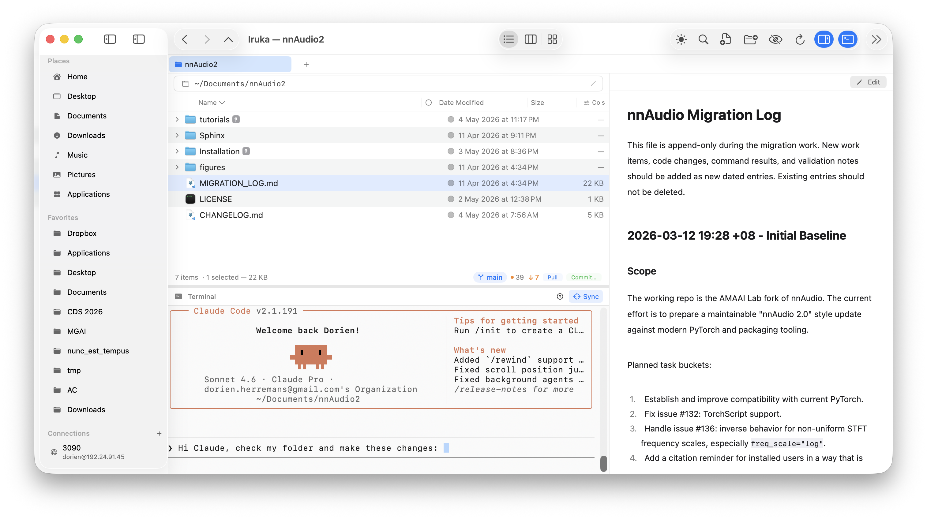 Iruka showing file browser, synced terminal with Claude Code integration, and Markdown preview
