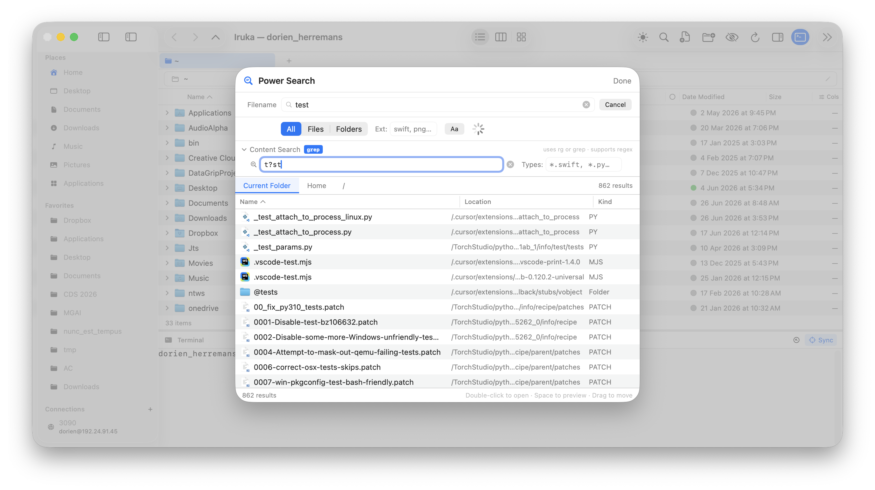 Iruka Power Search panel showing grep results with regex and filter options