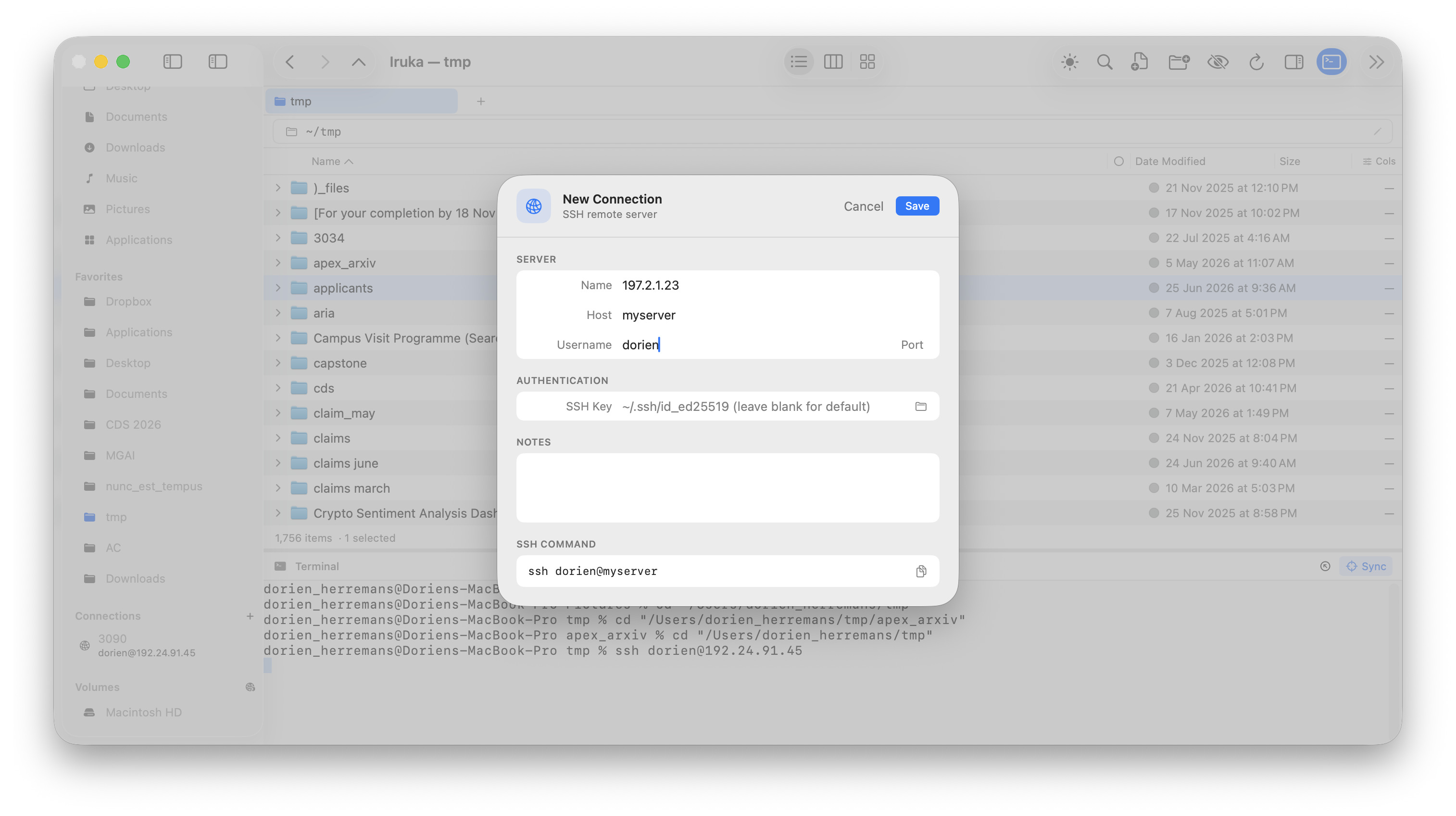 Iruka SSH new connection dialog with server details and one-click connect